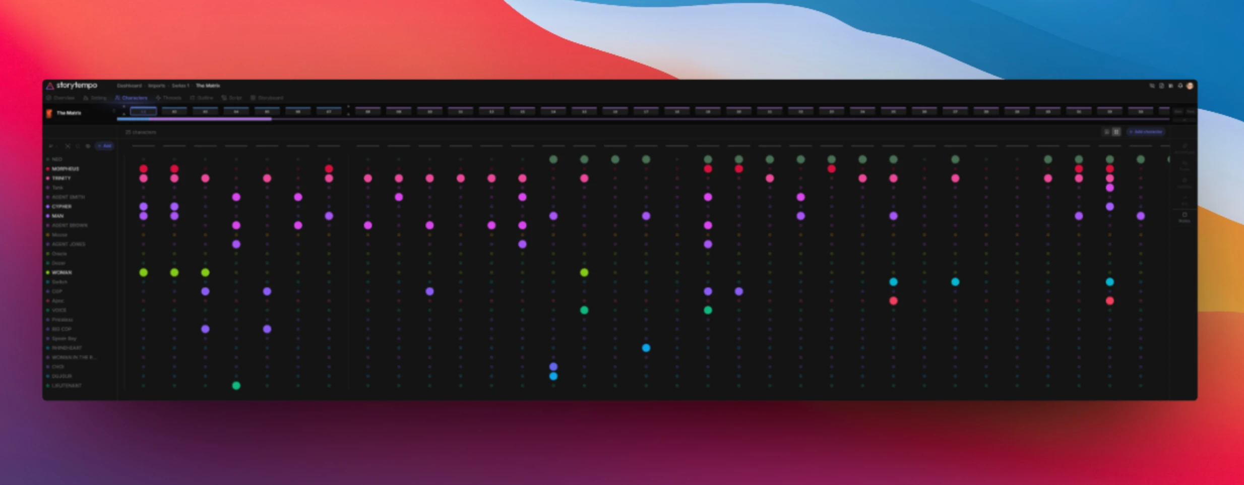 Storytempo character presence grid