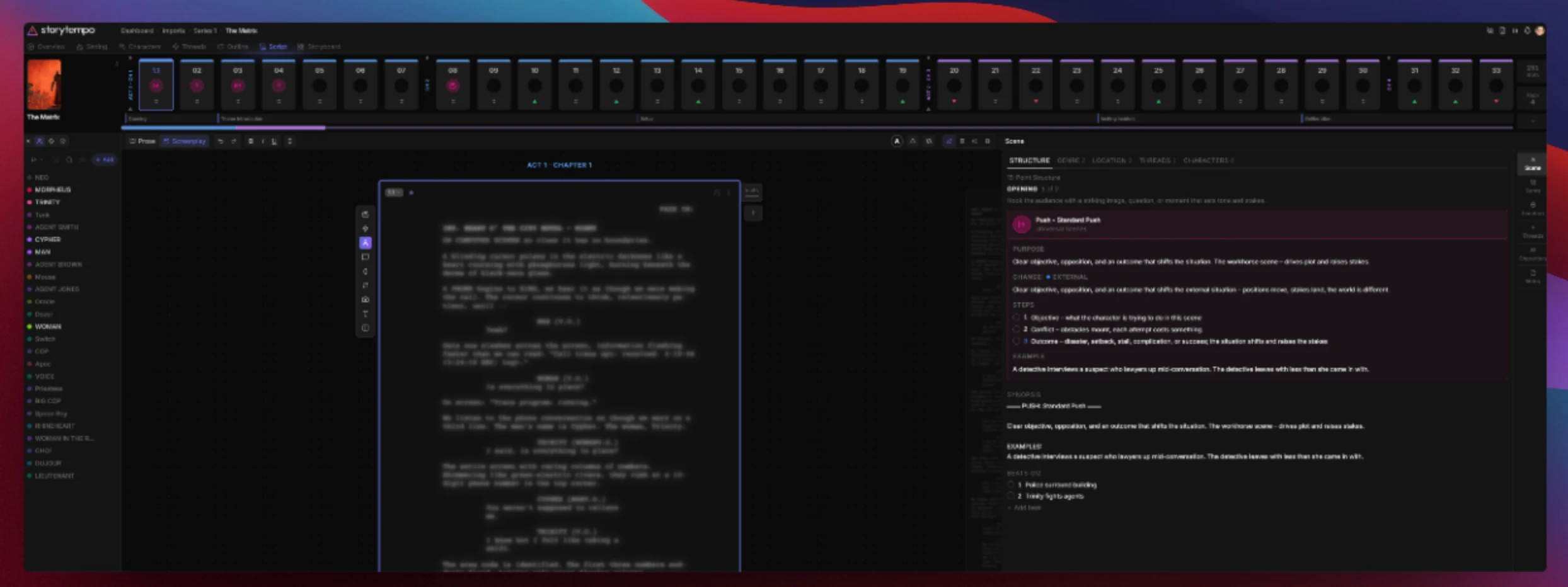 Storytempo script view with a block open on the scene
